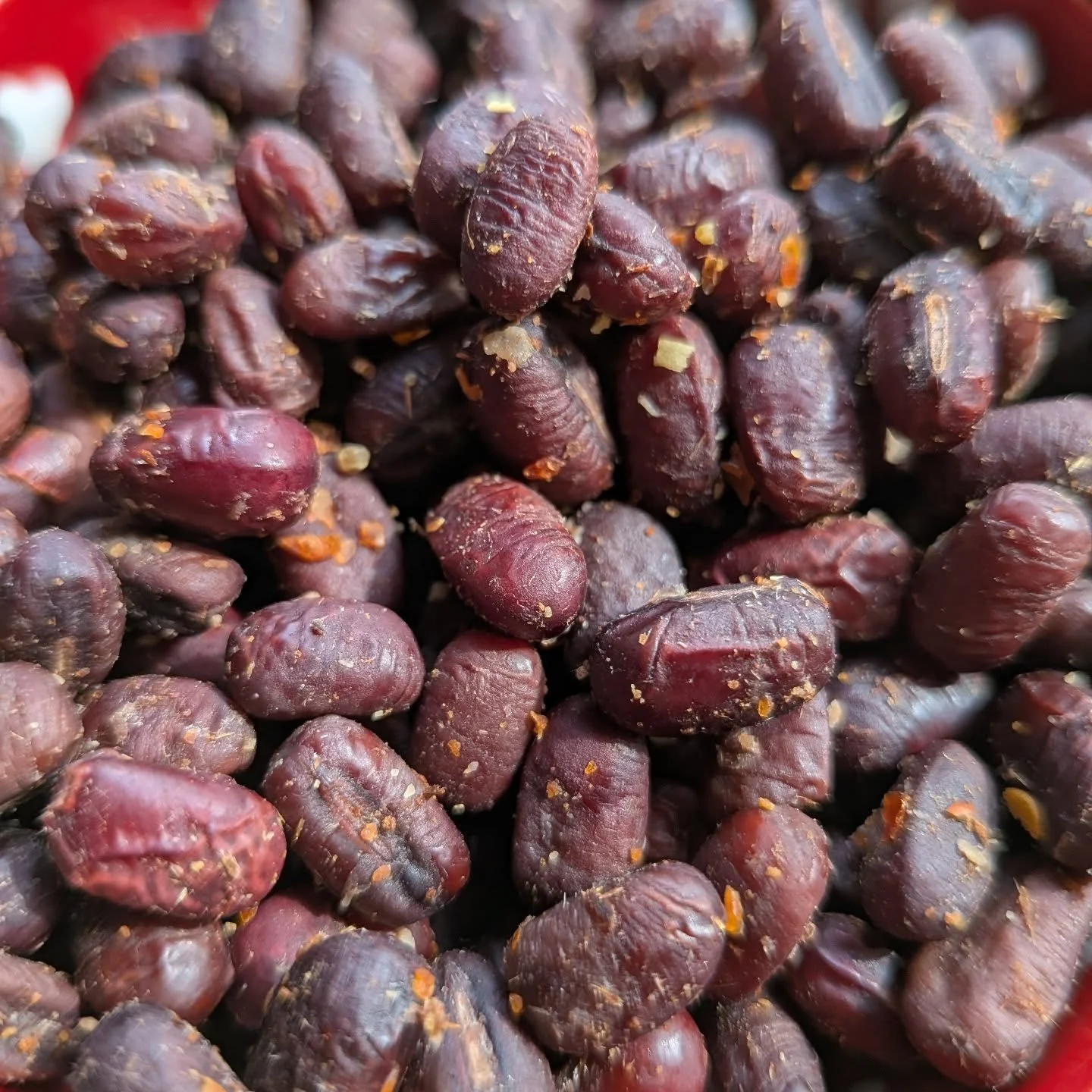 Adzuki bean 'douchi'. A CanKoji experiment, substituting sweet red adzuki beans for the traditional black soybeans.  Delivers a sweet complex umami on the palate, with lingering savoury five spice flavours.