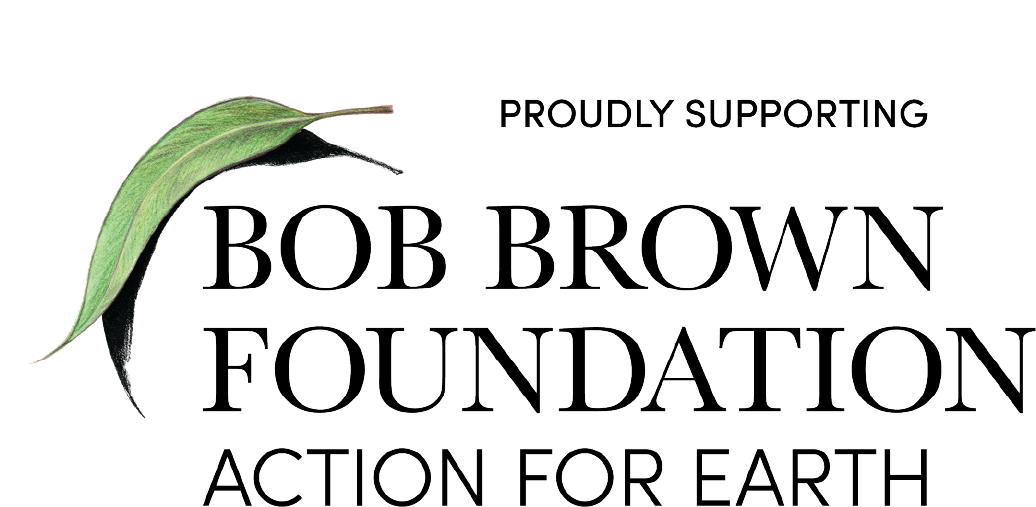 Logo of the Bob Brown Foundation with a green leaf and black and yellow text