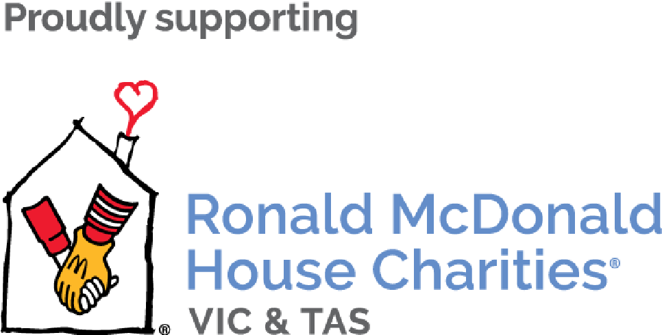 Logo of Ronald McDonald House Charities with two hands shaking in a house outline, one hand with a red sleeve, the other with a yellow glove, and a red heart above.
