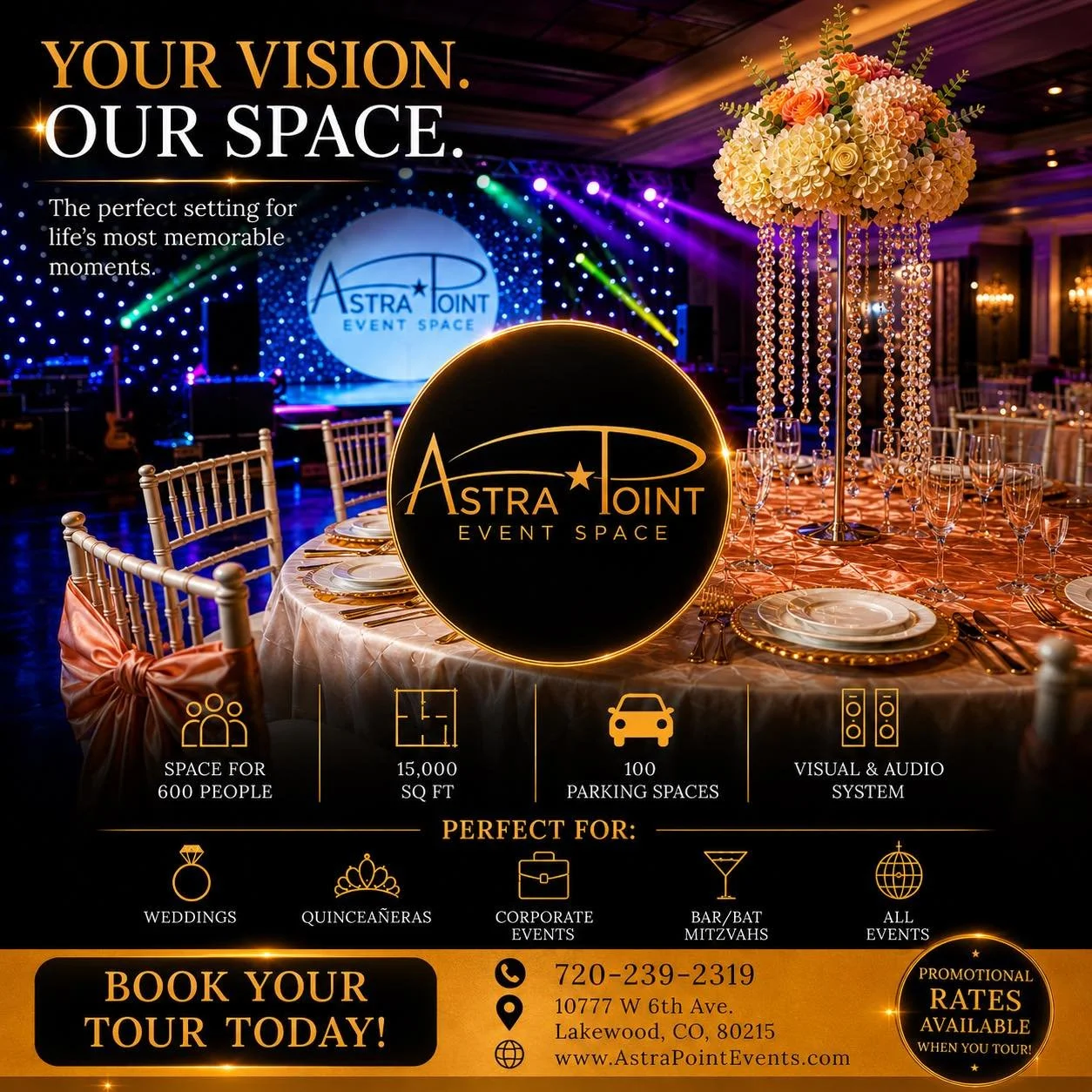 ✨ YOUR VISION. OUR SPACE. ✨

Looking for the perfect venue for your next unforgettable event? Astra Point Event Space offers a stunning 15,000 sq. ft. venue designed to bring your vision to life.

✅ Up to 600 Seated Guests
✅ 15,000 Sq. Ft. Event Spac