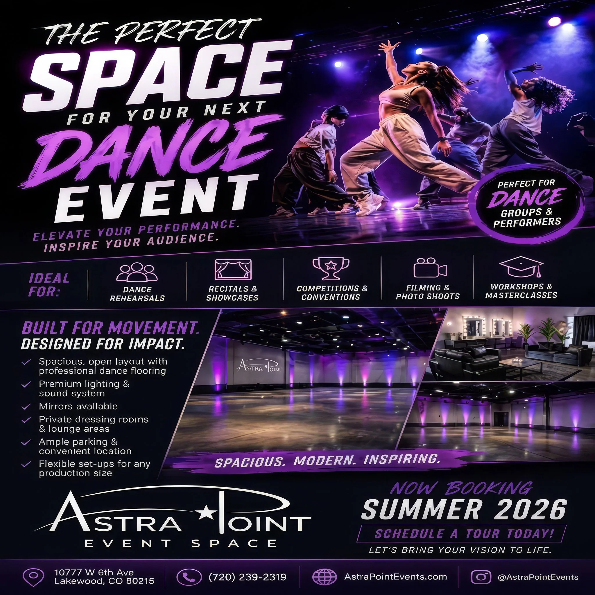YOUR PERFORMANCE DESERVES THE RIGHT STAGE. ✨
📅 Now booking Summer 2026
📲 Call/Text: (720) 239-2319
👉 Schedule your tour today and elevate your next dance event.

Whether you&rsquo;re hosting rehearsals, recitals, competitions, or workshops, Astra 