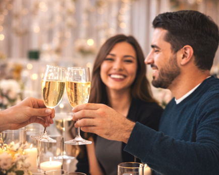 Couple toasts with champagne during a milestone celebration dinner