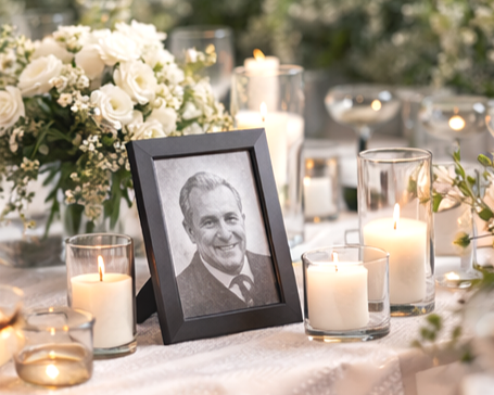 Celebration of life memorial table with candles at Astra Point Event Space in Lakewood, CO.