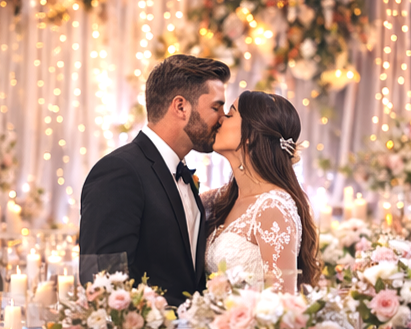 Bride and groom share a kiss during a wedding ceremony at Astra Point Event Space in Lakewood, CO