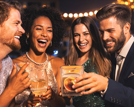 Guests laughing and celebrating with drinks at a private event.