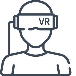 Line drawing of a person wearing a virtual reality (VR) headset.