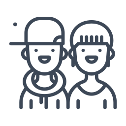 Line drawing of two smiling children, one wearing a hat and the other with curly hair.