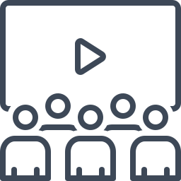 Icon of a video player with four people icons below it, suggesting a video conference or online meeting.