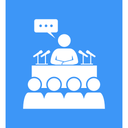 Speech bubble with three dots above a speaker at a podium addressing an audience of four people.