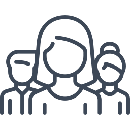 Line drawing of three people, one woman in the center and two men on either side, with the woman having shoulder-length hair.