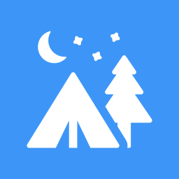Silhouette of a tent, pine tree, crescent moon, and stars on a blue background