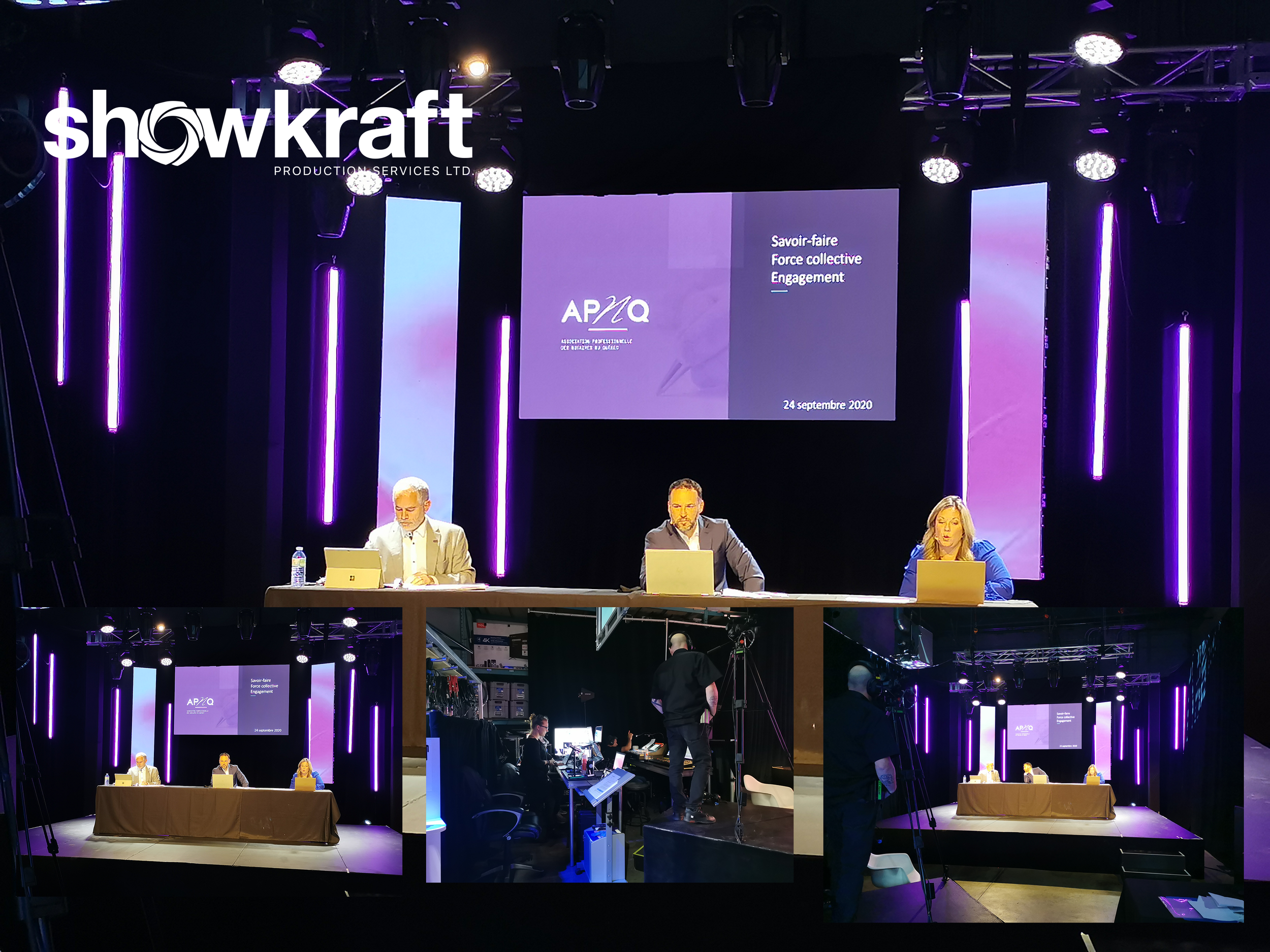 A video conference or presentation setup with three people sitting at a long table on stage, working on laptops. The backdrop features a large screen displaying the date September 24, 2020, and text in French. It is lit with purple lighting. A camera crew and filming crew are visible in the foreground.