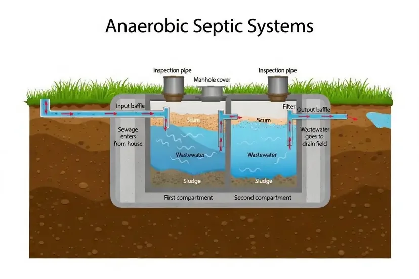 Diagram of an anaerobic septic system with labeled compartments, pipes, and wastewater flow.