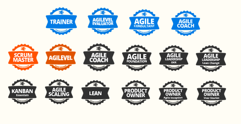 Etiquetas de certificaciones y roles en gestión de proyectos ágiles, en distintos colores y formas, incluyendo Trainer, Evaluador AgileLeve, Consultor Agile, Coach Ágil, Scrum Master, AgileLeve, Coach Ágil, Fundador Ágil, Liderazgo Ágil, Liderazgo Ágil con Cambio Lean, Kanban Esenciales, Escalado Ágil, Lean, Propietario del Producto, Producto en Inicio Ágil, Historias de Usuario.