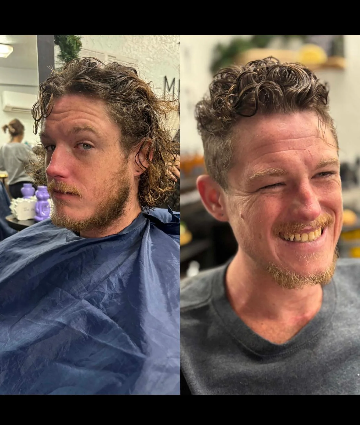 Side-by-side comparison of a man before and after a haircut, showing longer, curly hair and beard on the left, and a shorter, styled haircut with a trimmed beard on the right.