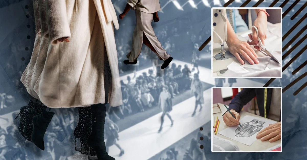 Collage of two fashion designers drawing and cutting fabric, with a large background photo of pedestrians walking on a city street.