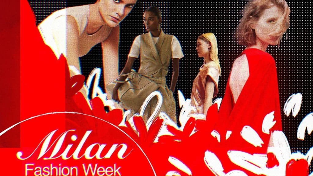 Collage of four models wearing fashion outfits with red, beige, and pastel colors, and the text 'Milan Fashion Week' prominently displayed in the foreground.
