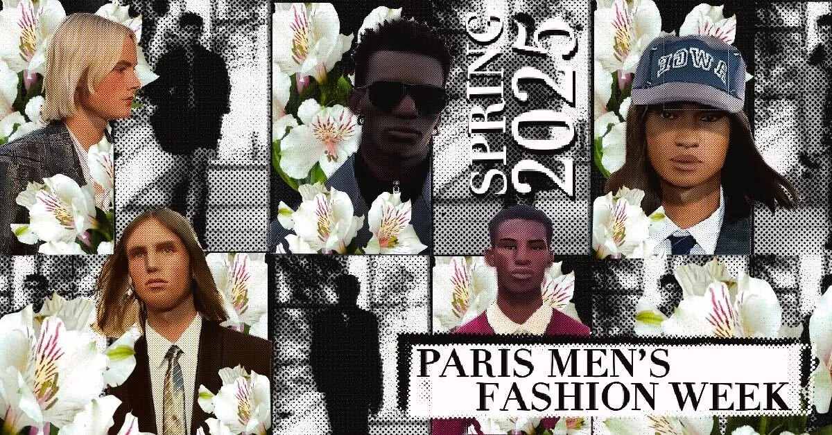 A collage of six models featuring diverse fashion styles, set against a black and white dotted background with large white flowers. Text reads "Spring 2023" and "Paris Men's Fashion Week."