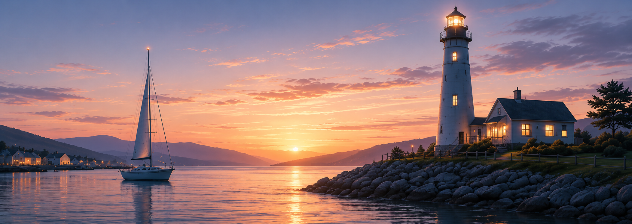 Lighthouse and sailboat on calm water during sunset with mountains in the background.