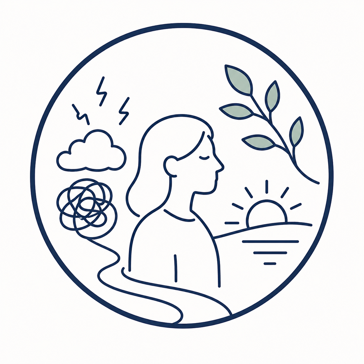 Line drawing of a woman with closed eyes, a sunset over water, a leafy branch, a cloud with lightning, and a spiral representing a storm or confusion.