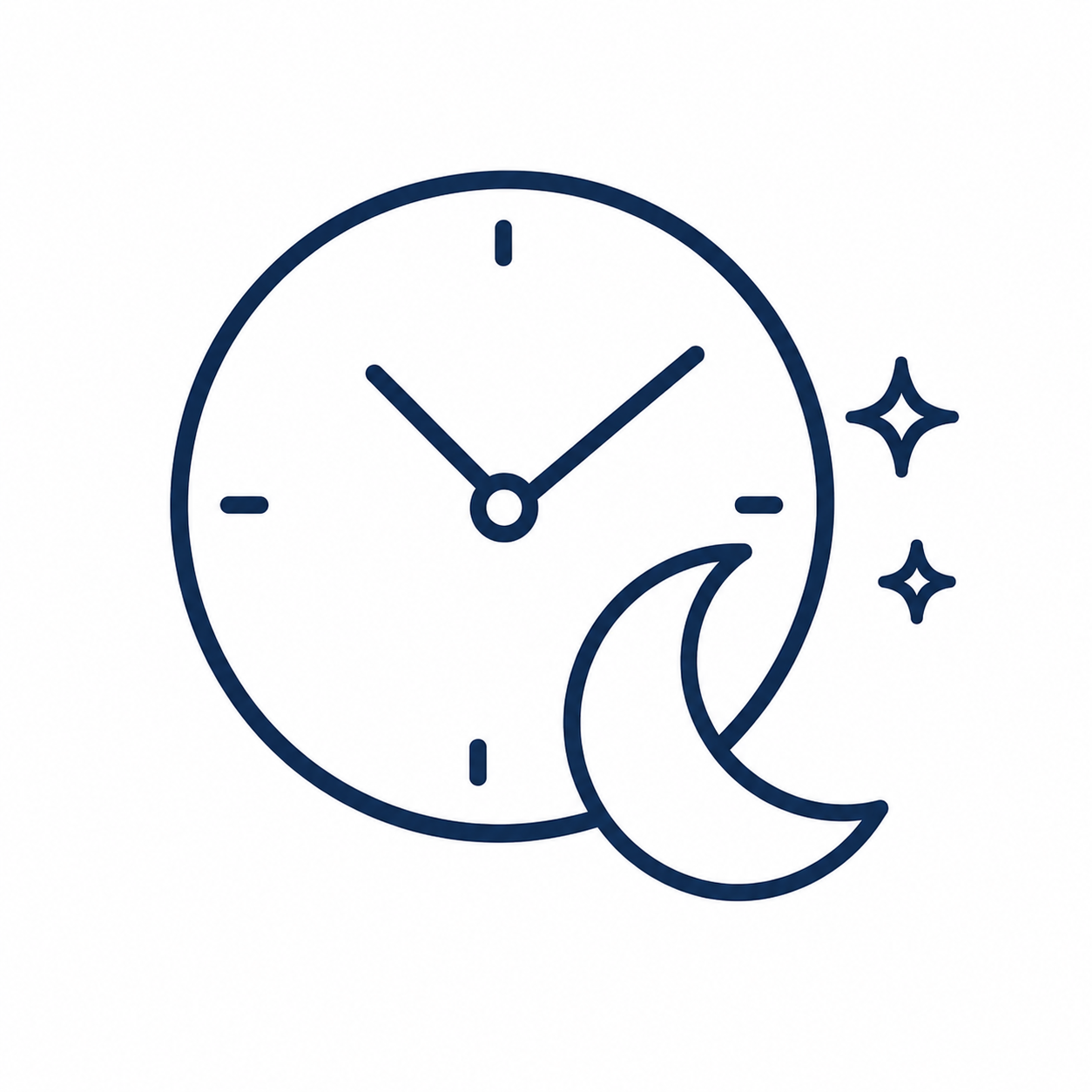 Clock showing 10:10 with crescent moon and stars, indicating nighttime or sleep.