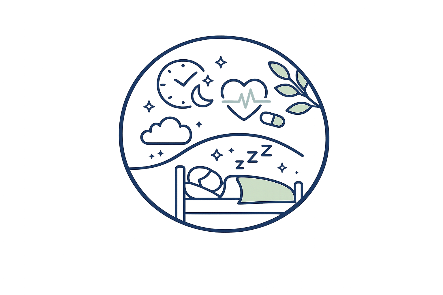 An illustration of a person sleeping in bed at night, with symbols representing sleep and health, such as a moon, clouds, hearts, a pill, z's, stars, and a clock showing late hour.