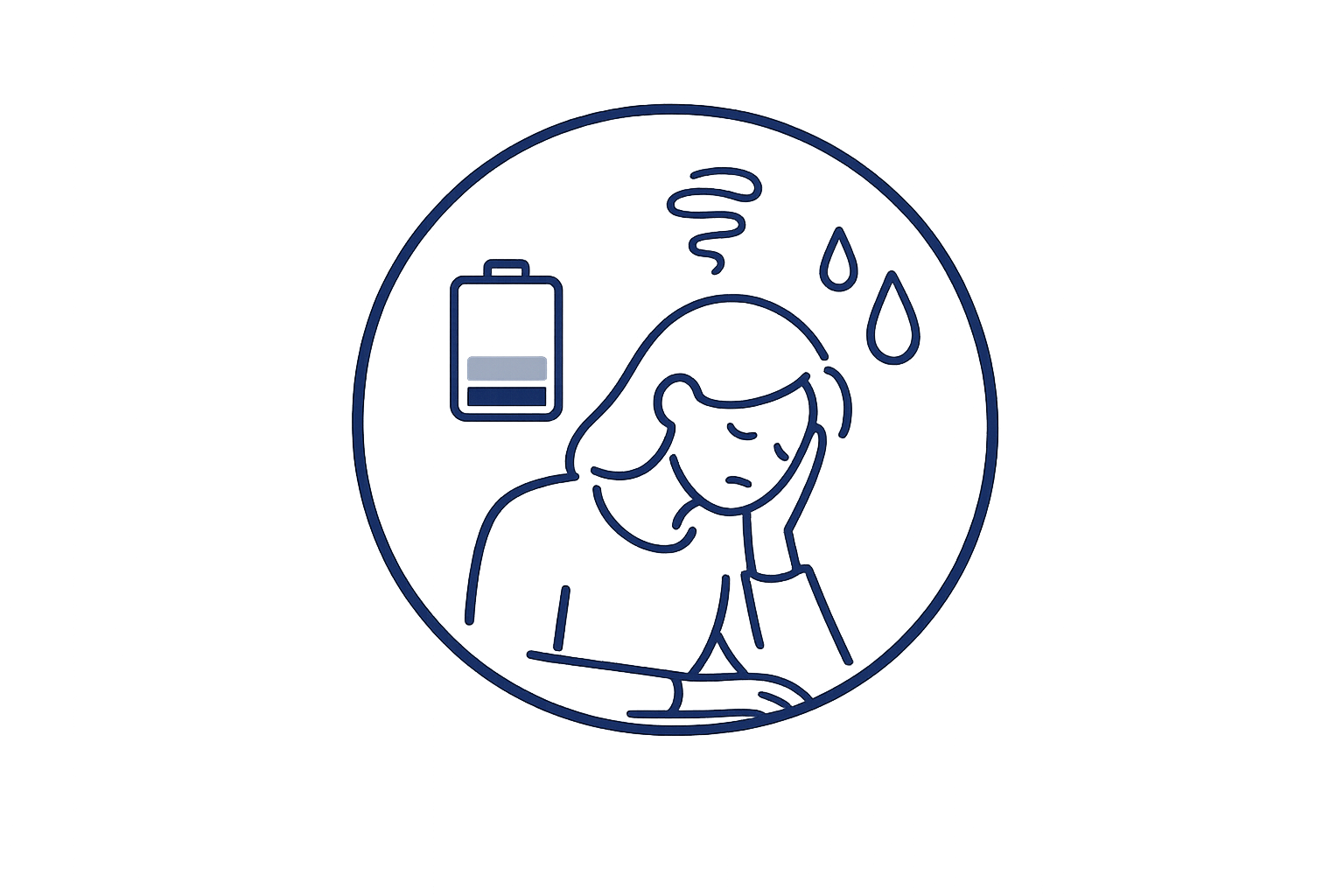 A woman with a headache, surrounded by water drops, a steaming hot beverage, and a low battery icon.