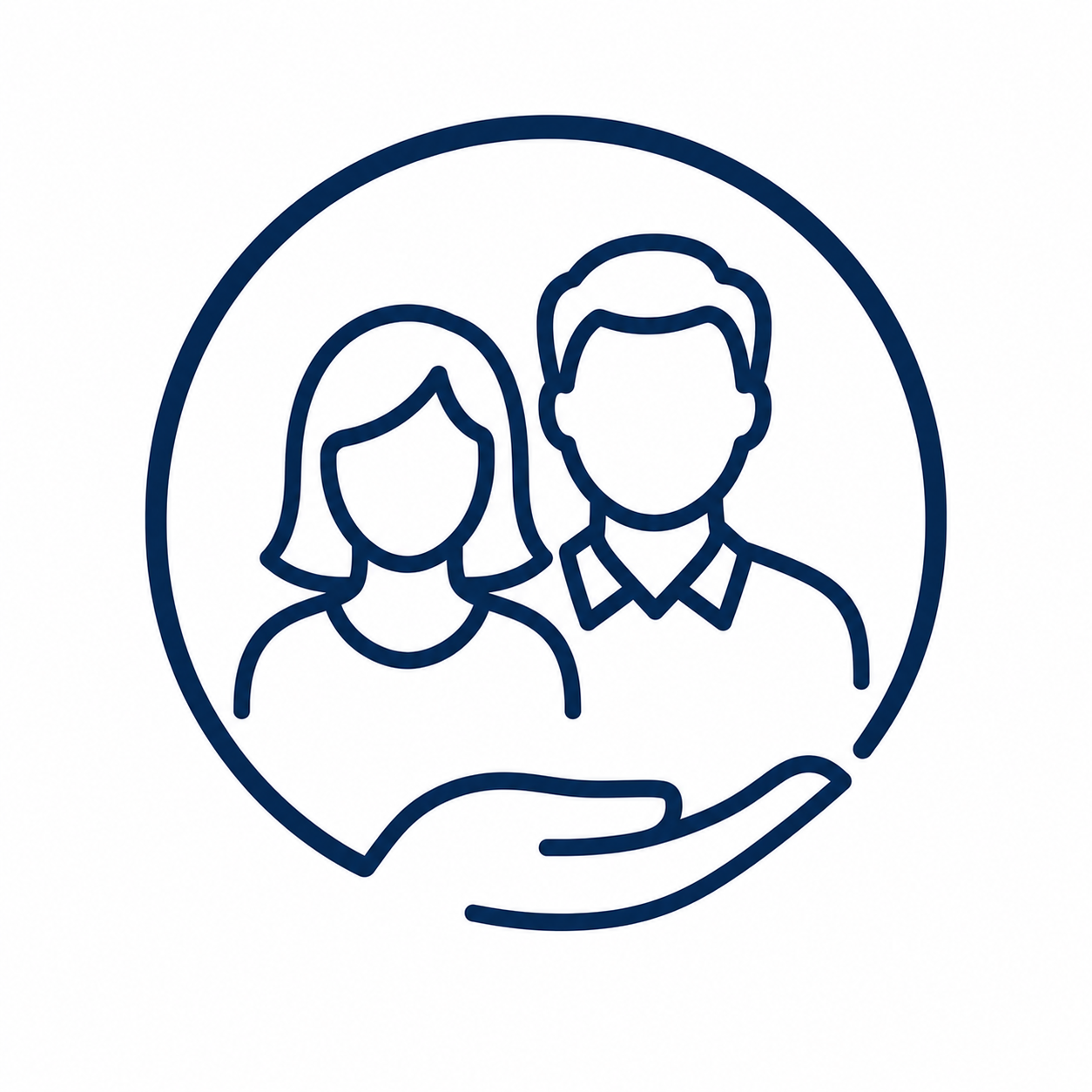 A line drawing of a person holding a circle with a male and female figure inside, representing support or care.