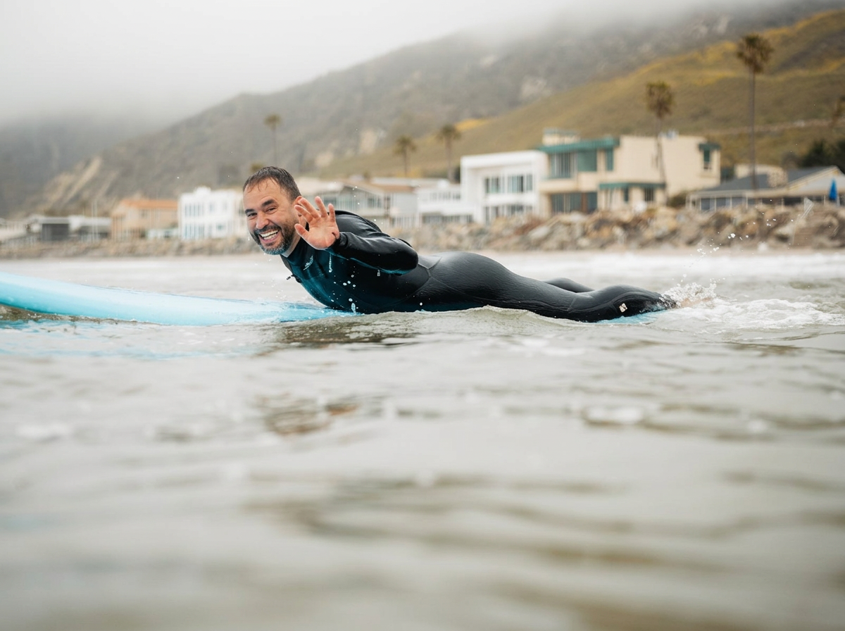 A smiling man in a wetsuit on a surfboard in the ocean waves, waving at the camera with a coastal neighborhood and hillside in the background.