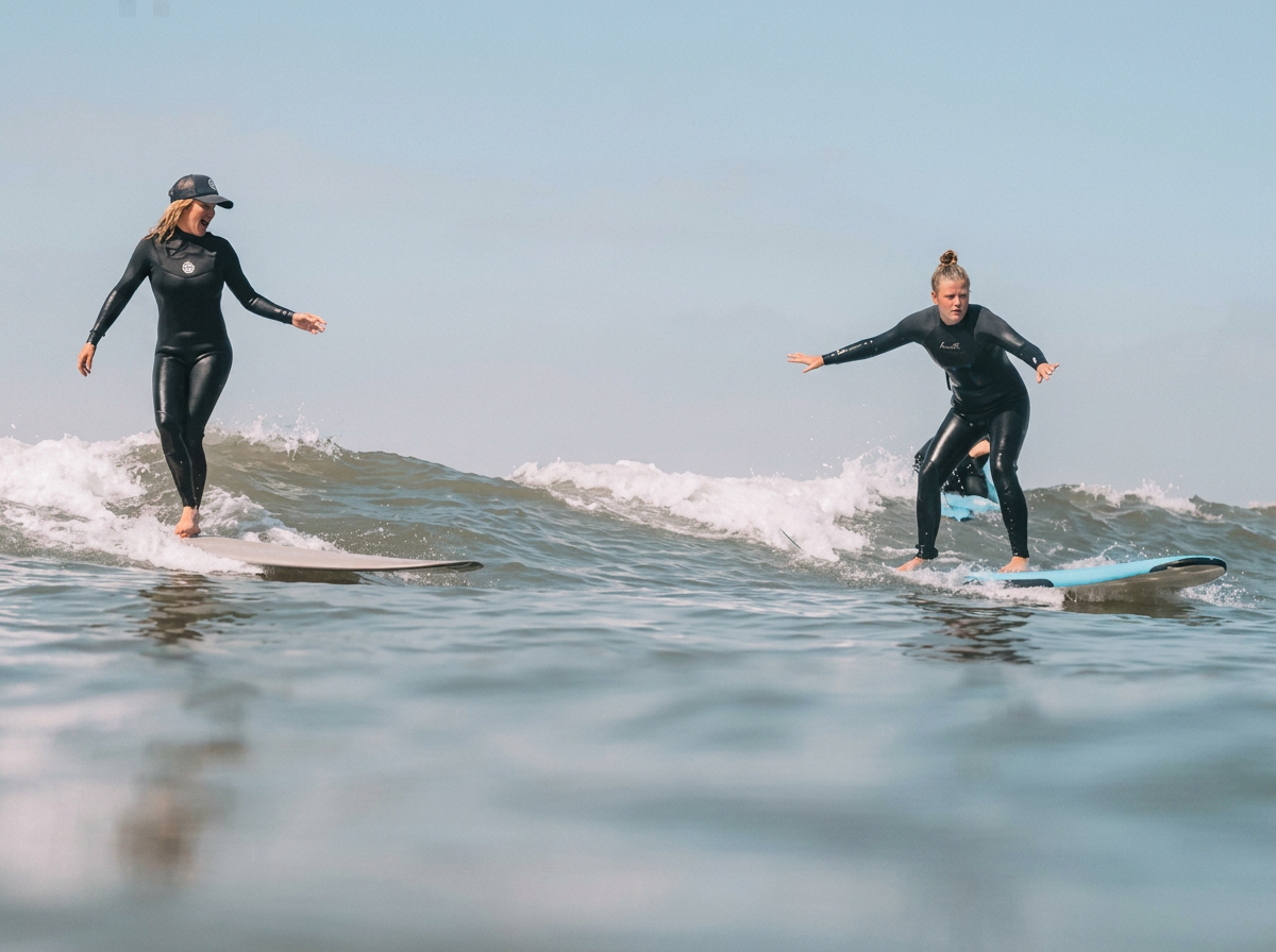 Two women surfing in the ocean, both wearing black wetsuits, with one on a white surfboard and the other on a blue surfboard, riding small waves.