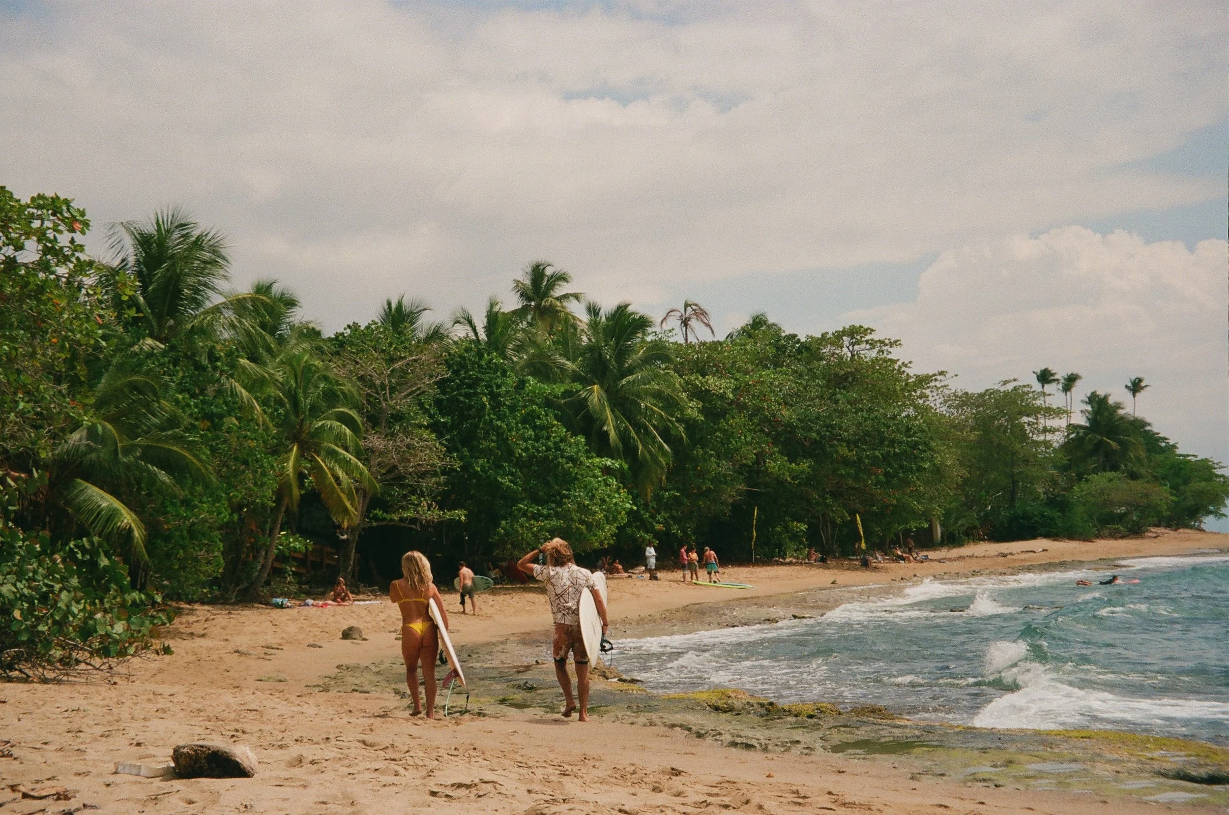 Beach scene with people, palm trees, and a sky with clouds.