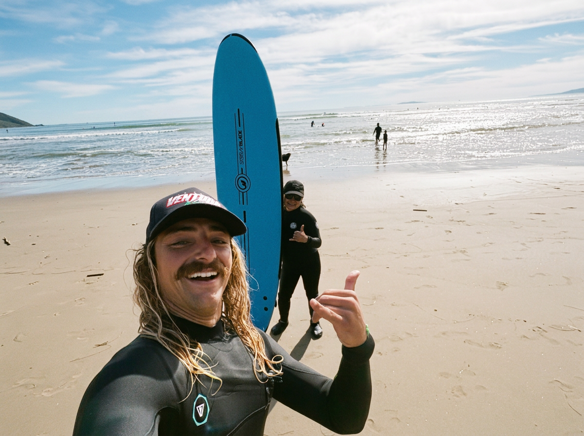 A man with long blonde hair, a mustache, and a black wetsuit taking a selfie on a sandy beach. Behind him, a woman in a black wetsuit and sunglasses is giving a thumbs-up, standing next to a large blue paddleboard. The ocean with small waves and a cloudy sky are in the background.
