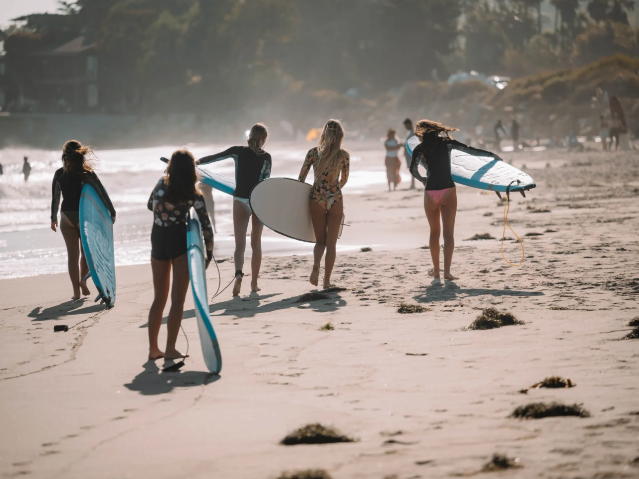 Group of women carrying surfboards walking on the sandy beach towards the ocean.