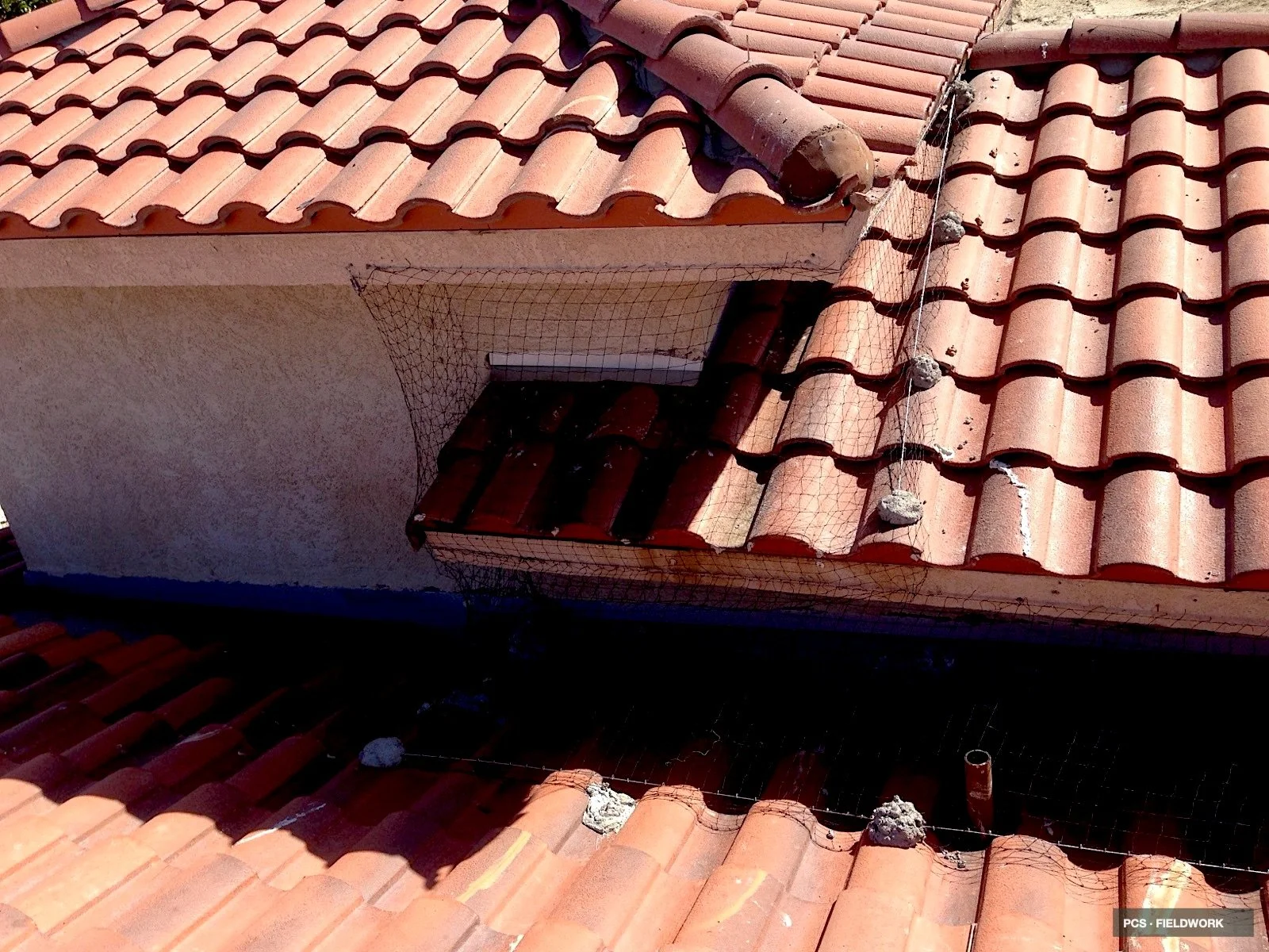 Roof with plastic tiles and temporary netting around an area being repaired or modified.
