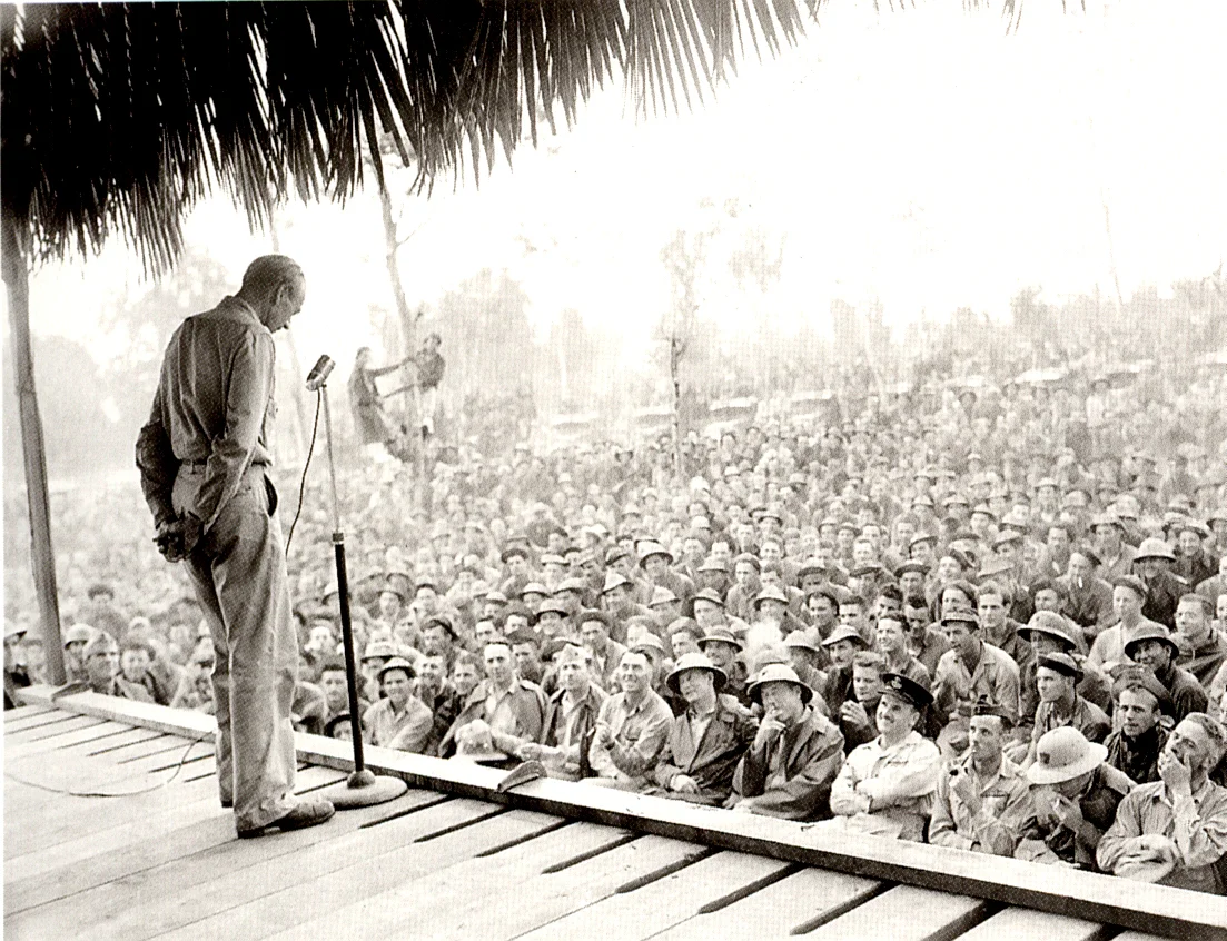 Father speaking to the troops in the South Pacific during WW2. They all wanted him to recite the baseball great Lou Gehrig’s famous farewell speech.