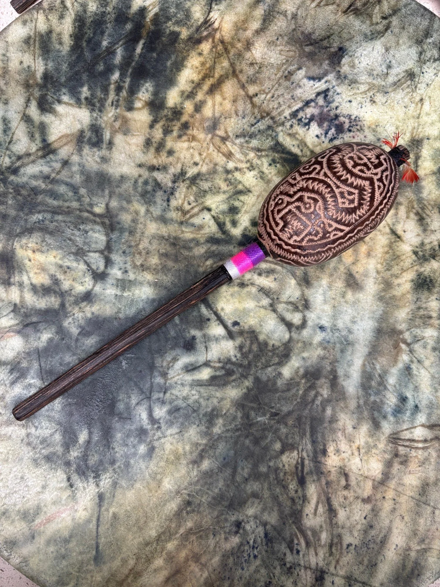 Shipibo Rattle Shaker – Pink, Purple & White String
