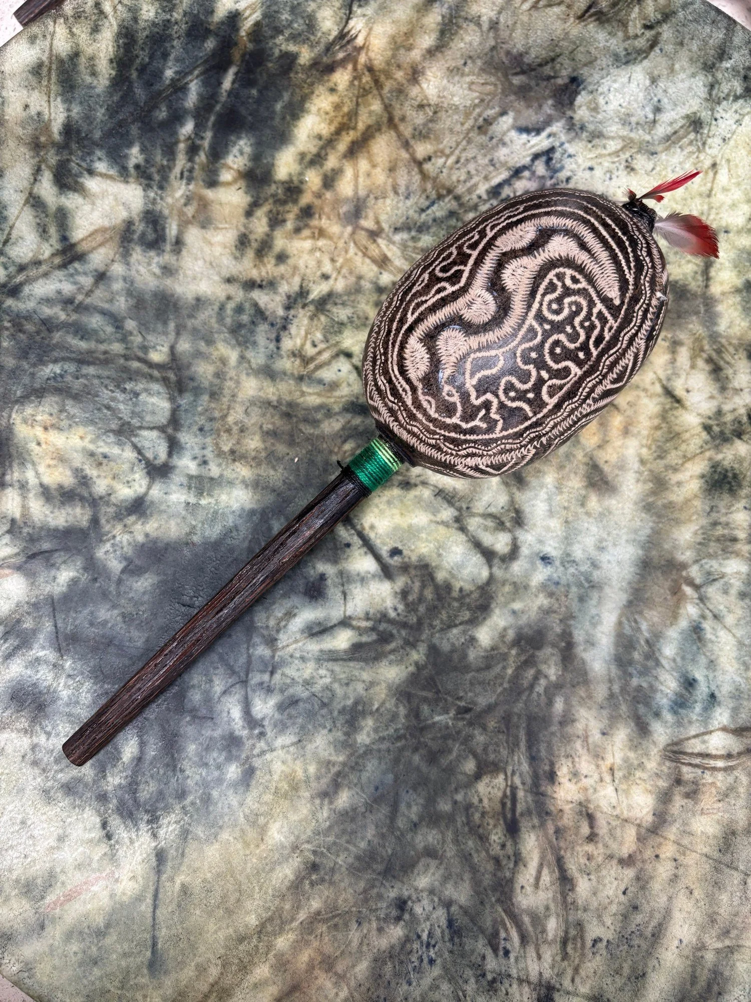 Shipibo Rattle Shaker – Large – Emerald Green String