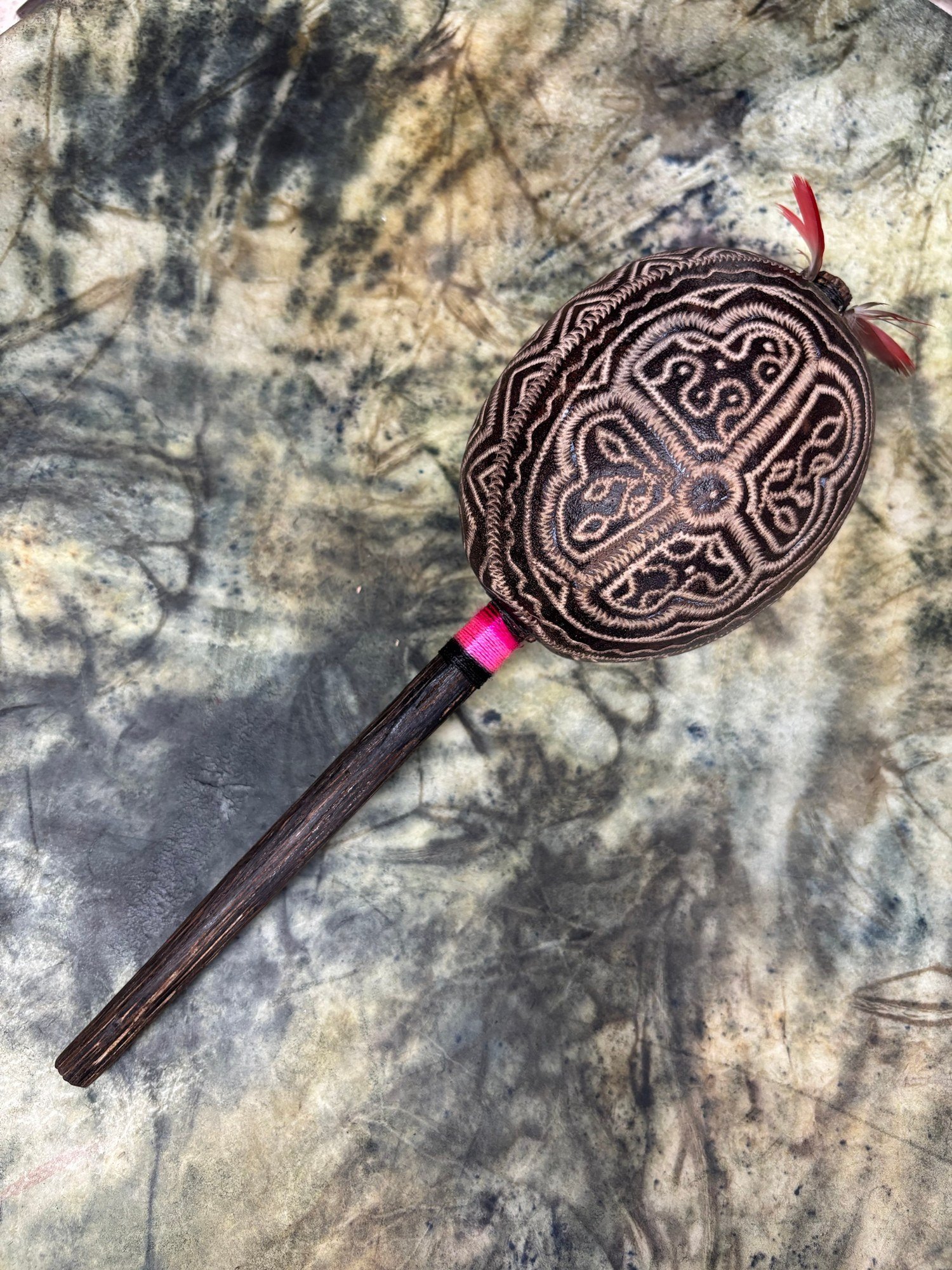 Shipibo Rattle Shaker – Large – Pink String, Cross Pattern