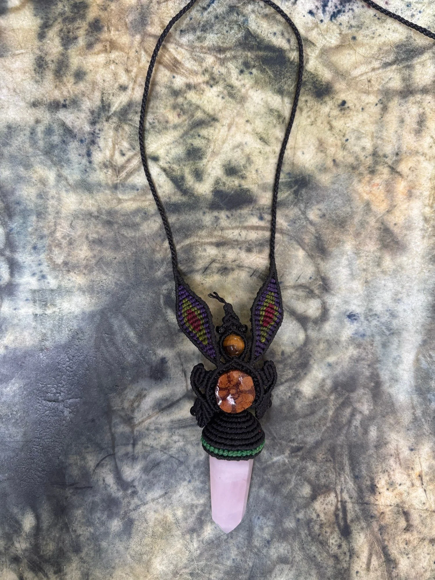 Rose Quartz Macramé Pendant – Black