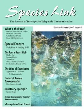 Cover page of 'Species Link' journal, October-December 2007 issue, featuring a nature scene with a rocky shoreline and ocean waves. The journal focuses on interspecies telepathic communication.