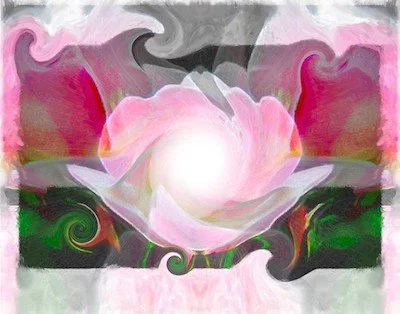 Abstract painting of a pink and white flower, with swirling green and pink accents.