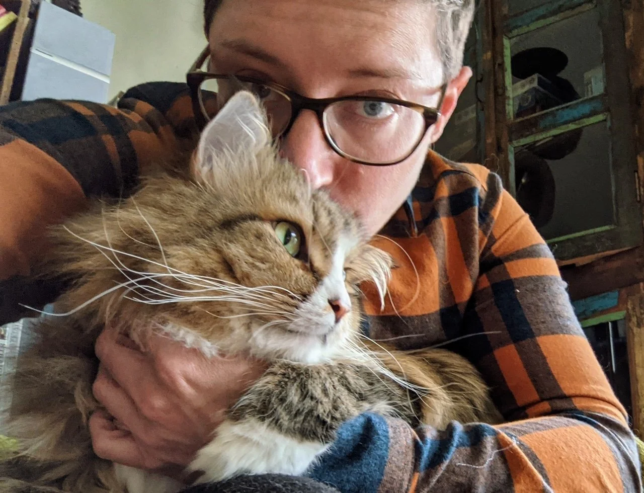 A person with glasses and a plaid shirt holding a long-haired tabby cat close, both looking off to the side in an indoor setting.