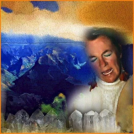 A person appears to be in distress, with a background of a mountainous landscape and glowing crystals, blending fantasy elements.