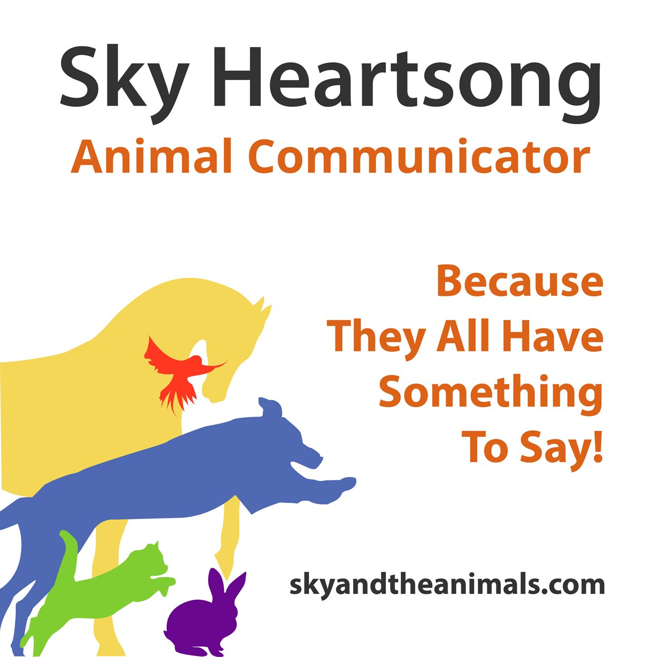 Colorful silhouettes of various animals including a horse, bird, dog, rabbit, and cat with text promoting Sky HeartSong Animal Communicator and a website URL.