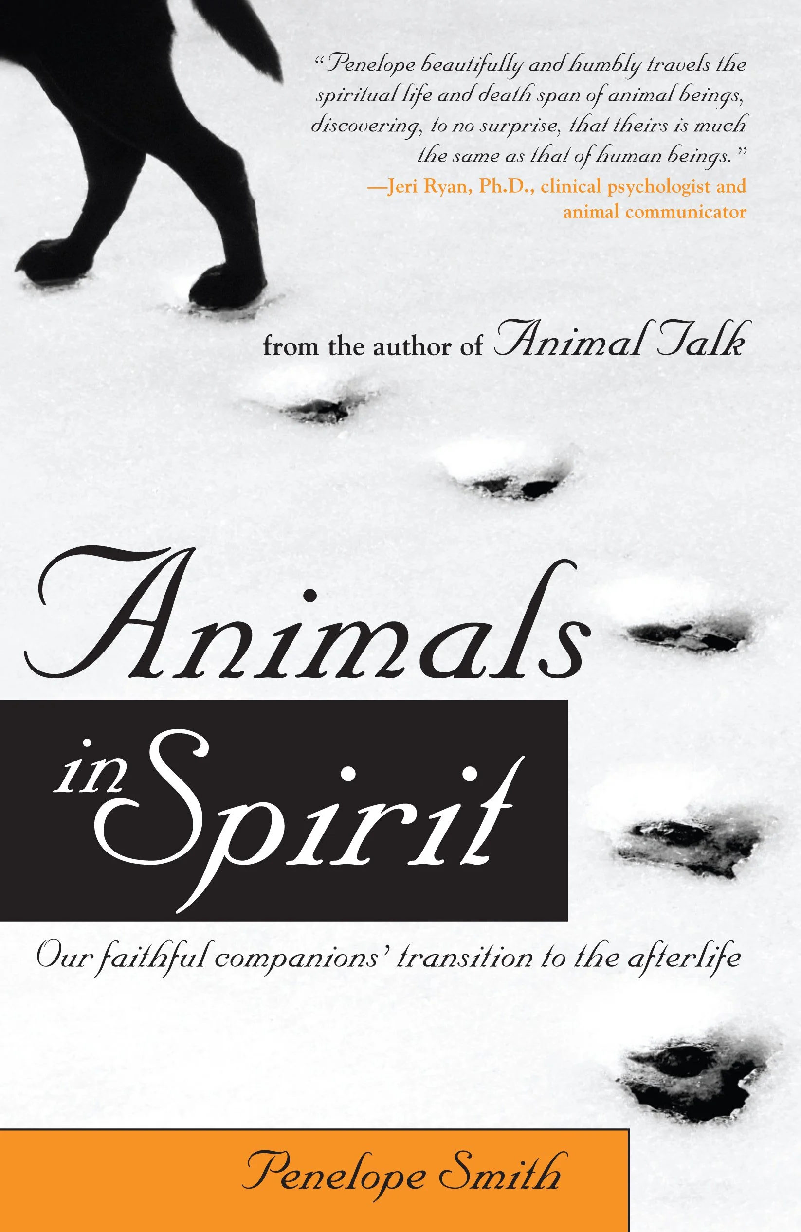 Book cover titled 'Animals in Spirit' with a snowy background and a silhouette of a cat's paws and tail. Contains a quote from Jeri Ryan, Ph.D., and the author's name, Penelope Smith.