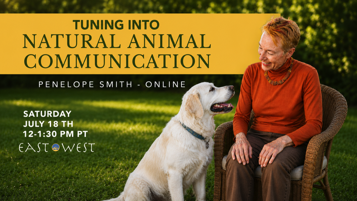 A promotional image for an online event titled 'Tuning into Natural Animal Communication' featuring a woman smiling at a yellow Labrador retriever dog sitting on grass with a background of trees.