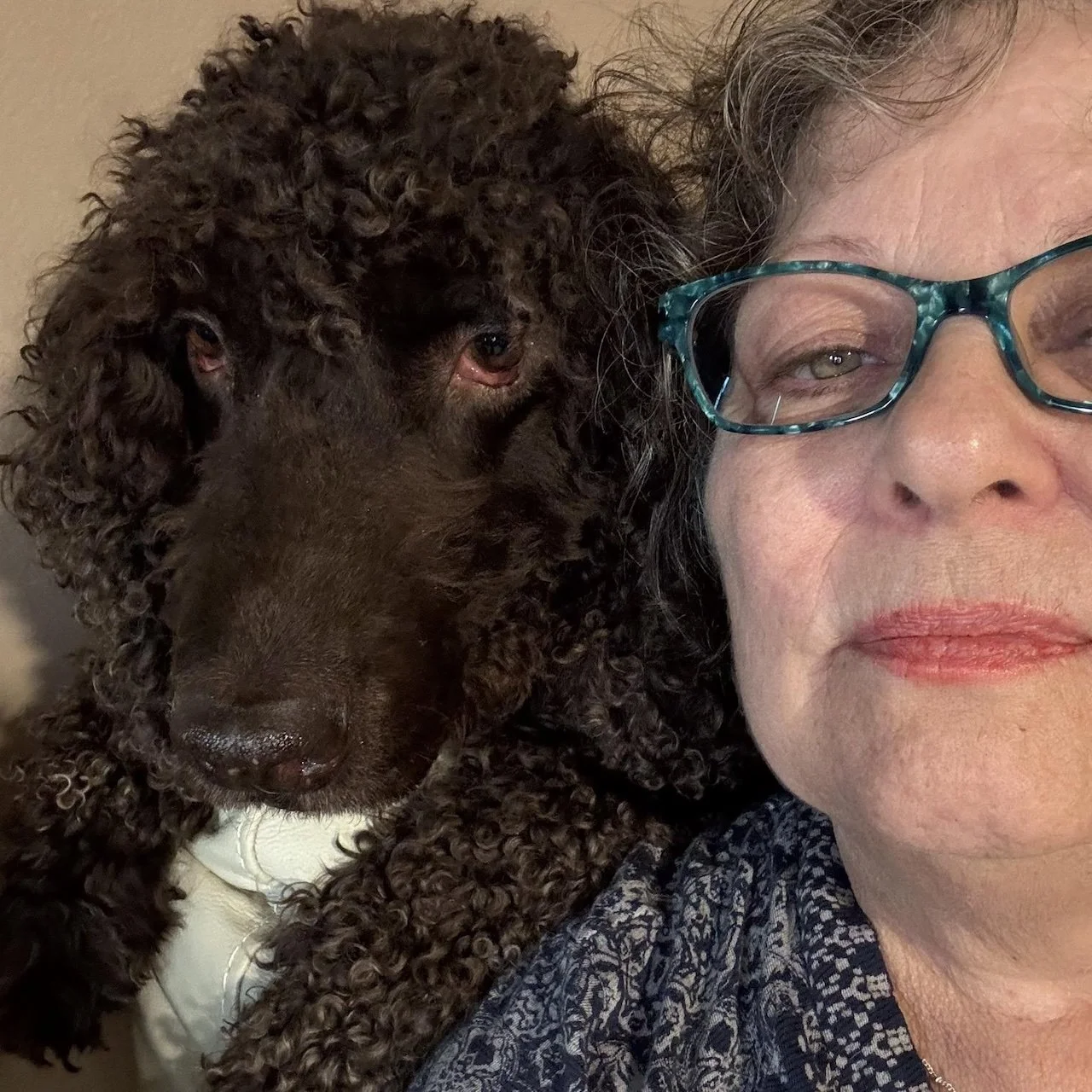 A woman with gray hair, glasses, and lipstick, taking a close-up selfie with a curly-haired brown dog whose face is pressed close to hers.