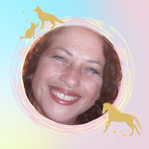 A smiling woman with freckles and curly hair, digital art with pastel-colored background, cat illustrations, and a circular swirl effect.