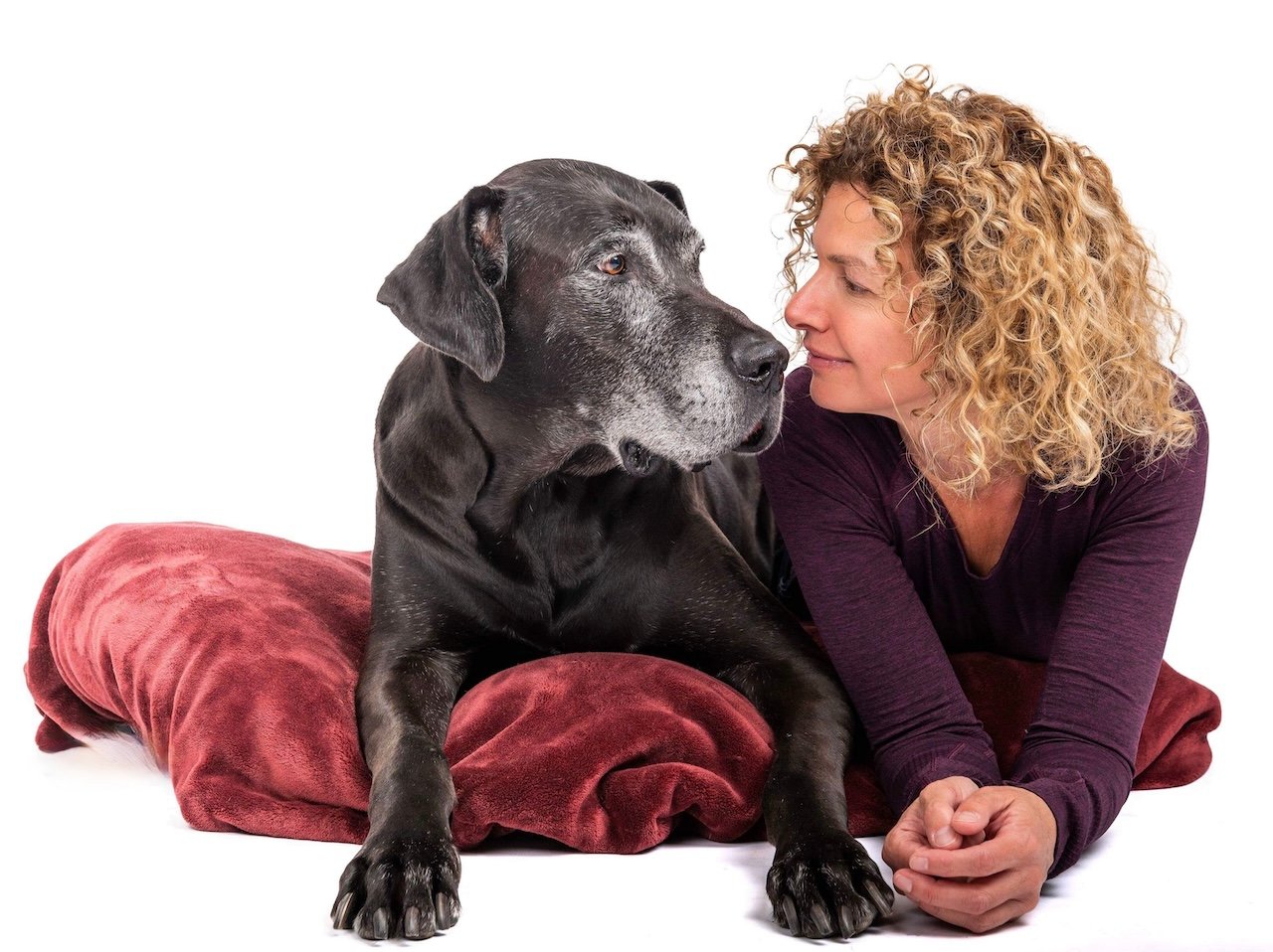 A woman with curly blonde hair lying on a red cushion, facing a large black dog's face, both noses almost touching, against a white background.