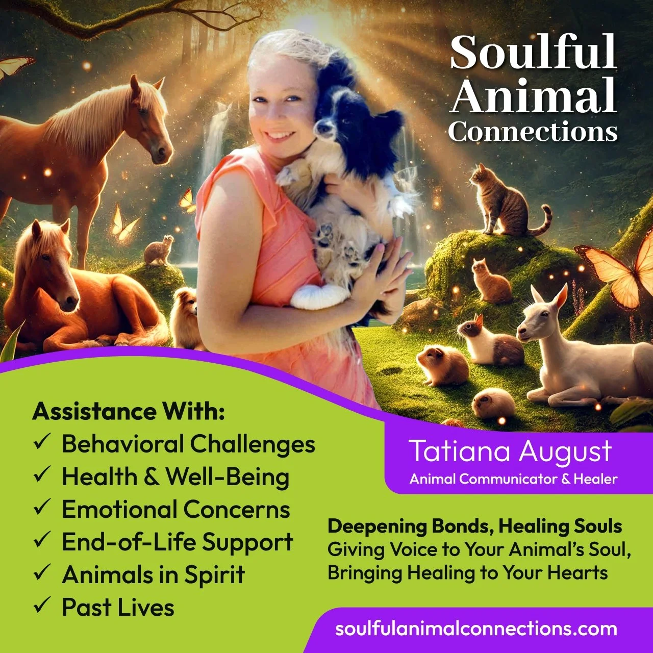 A woman smiling and holding a small dog, surrounded by various animals including horses, cats, guinea pigs, and rabbits, set against a magical, glowing forest background with butterflies and sparkling lights. The image includes text about animal communication and support services.